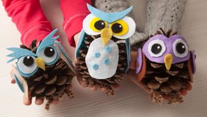 Three pinecones that have been turned into owls as part of a winter craft activity