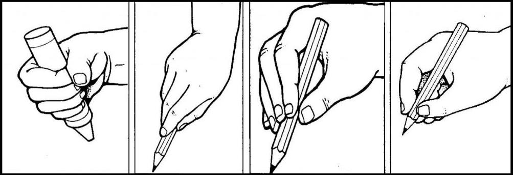 four drawings illustrating four different styles of holding a pen 